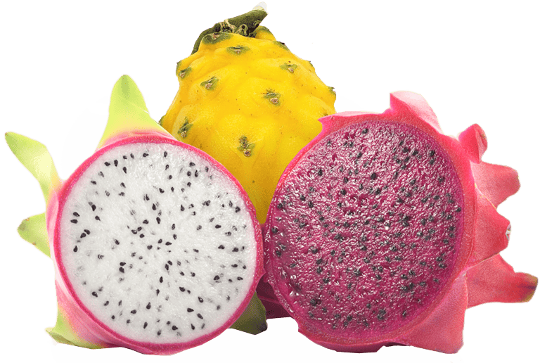 White, red, and yellow dragon fruit cut in half.