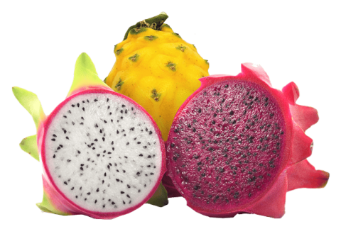 White, red, and yellow dragon fruit varieties cut in half