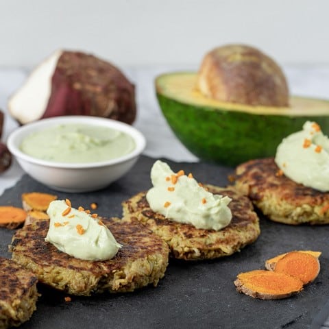 Boniato and Turmeric Latkes with Avocado Sour Cream