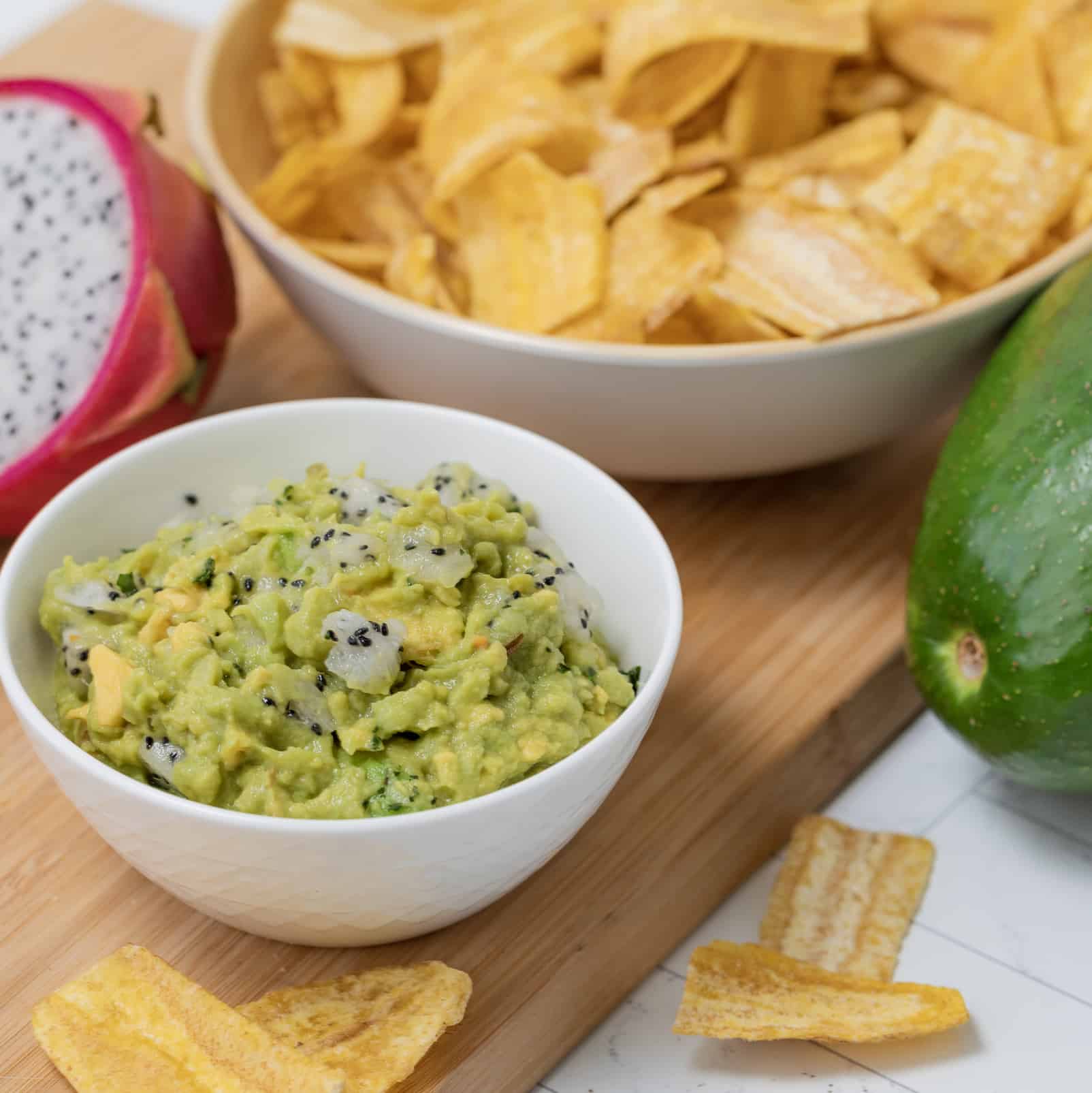 Dragon Fruit Guacamole with Plantain Chips