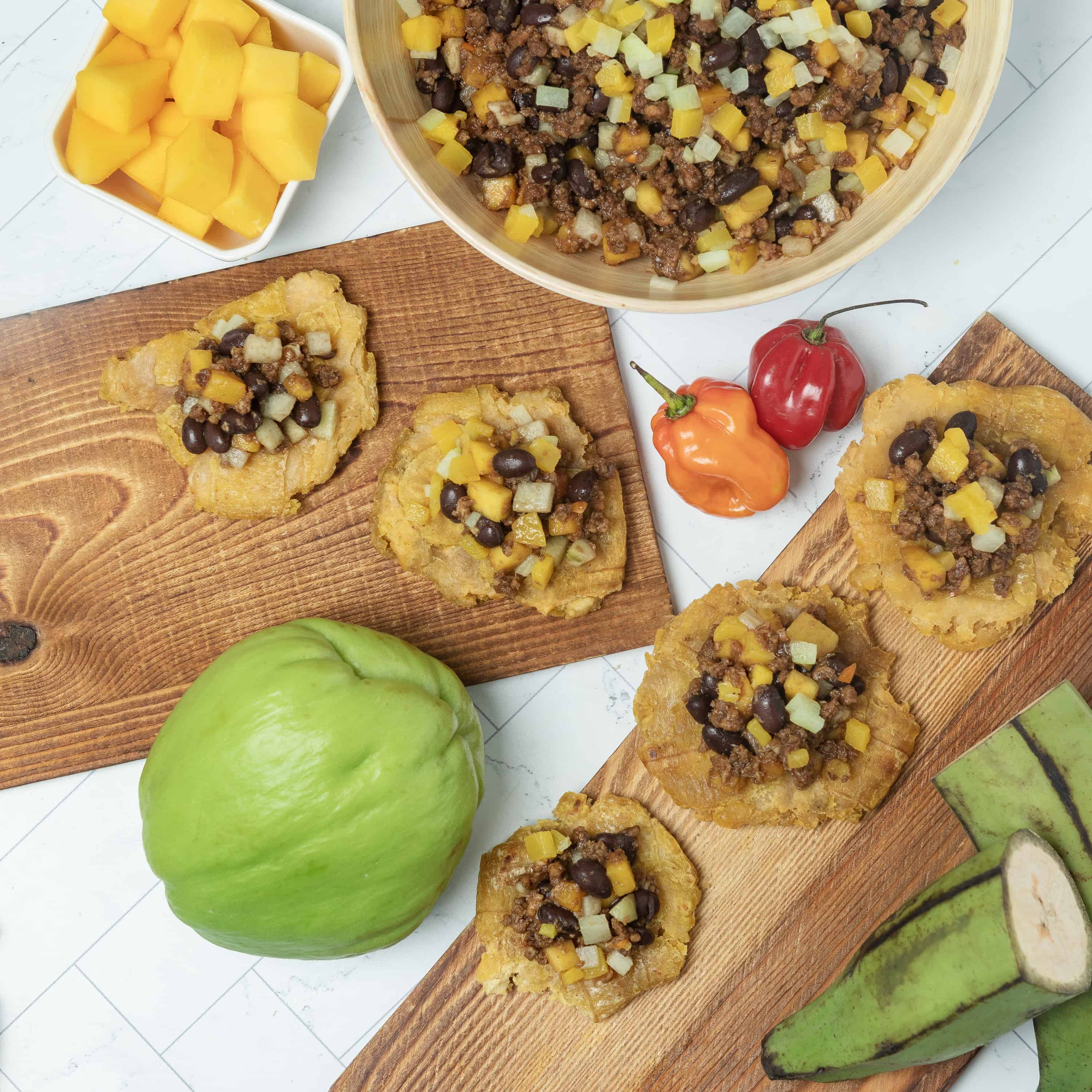 Mango, Chayote and Black Bean Chili with Tostones
