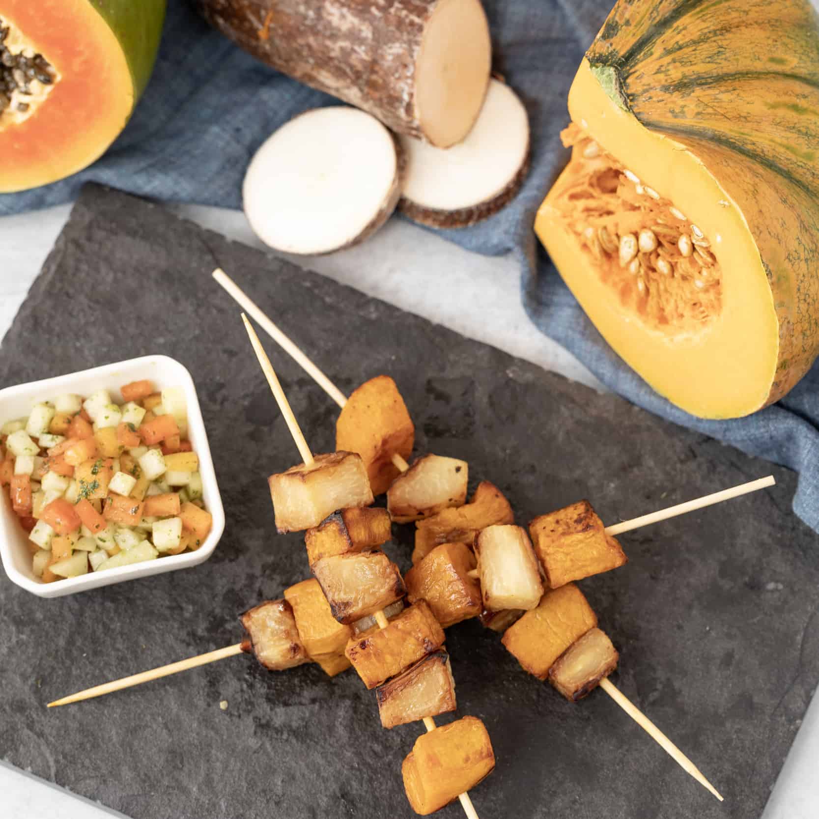 Calabaza and Malanga Skewers with Papaya and Chayote Salsa