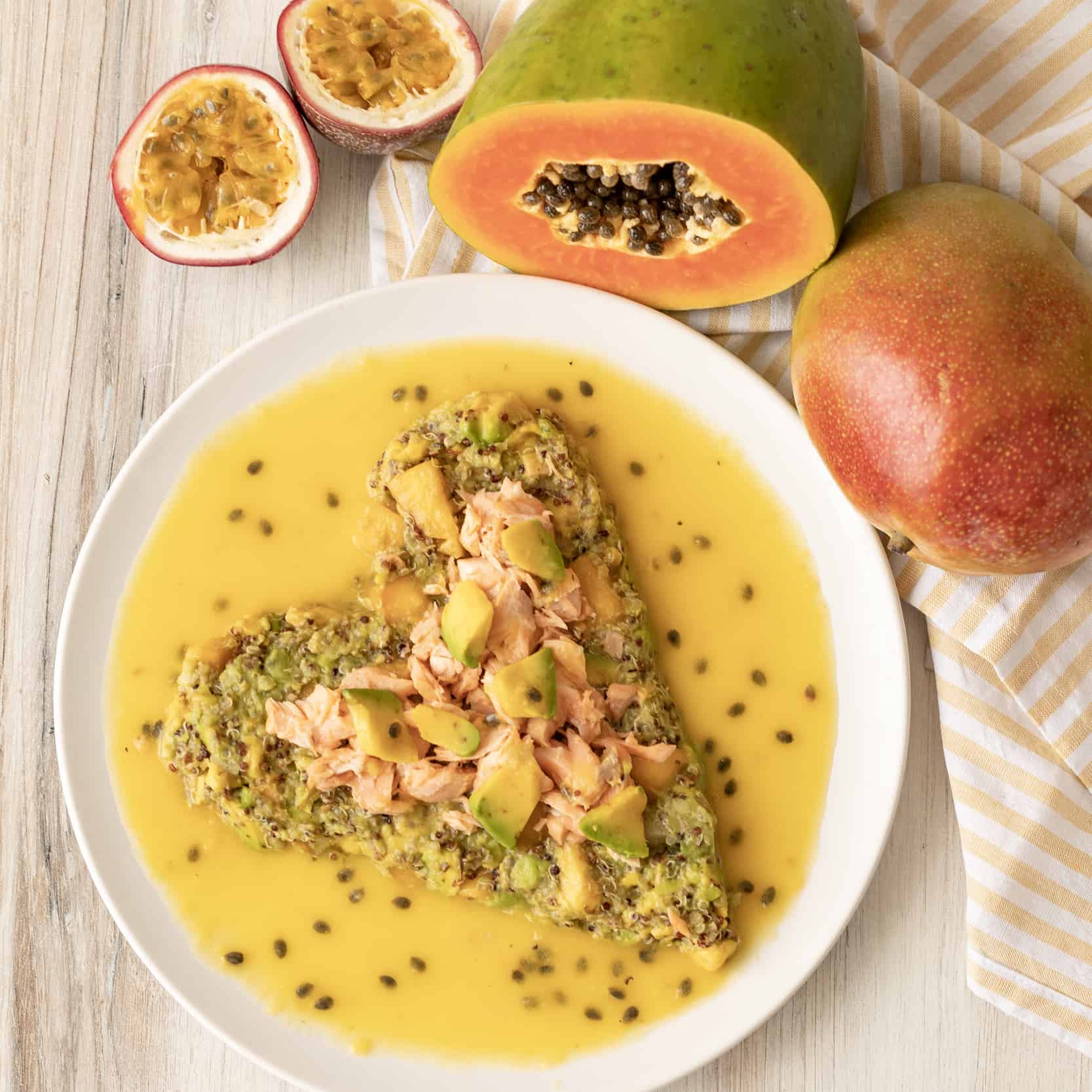 Tropical Avocado and Passion Fruit Poached Salmon Salad