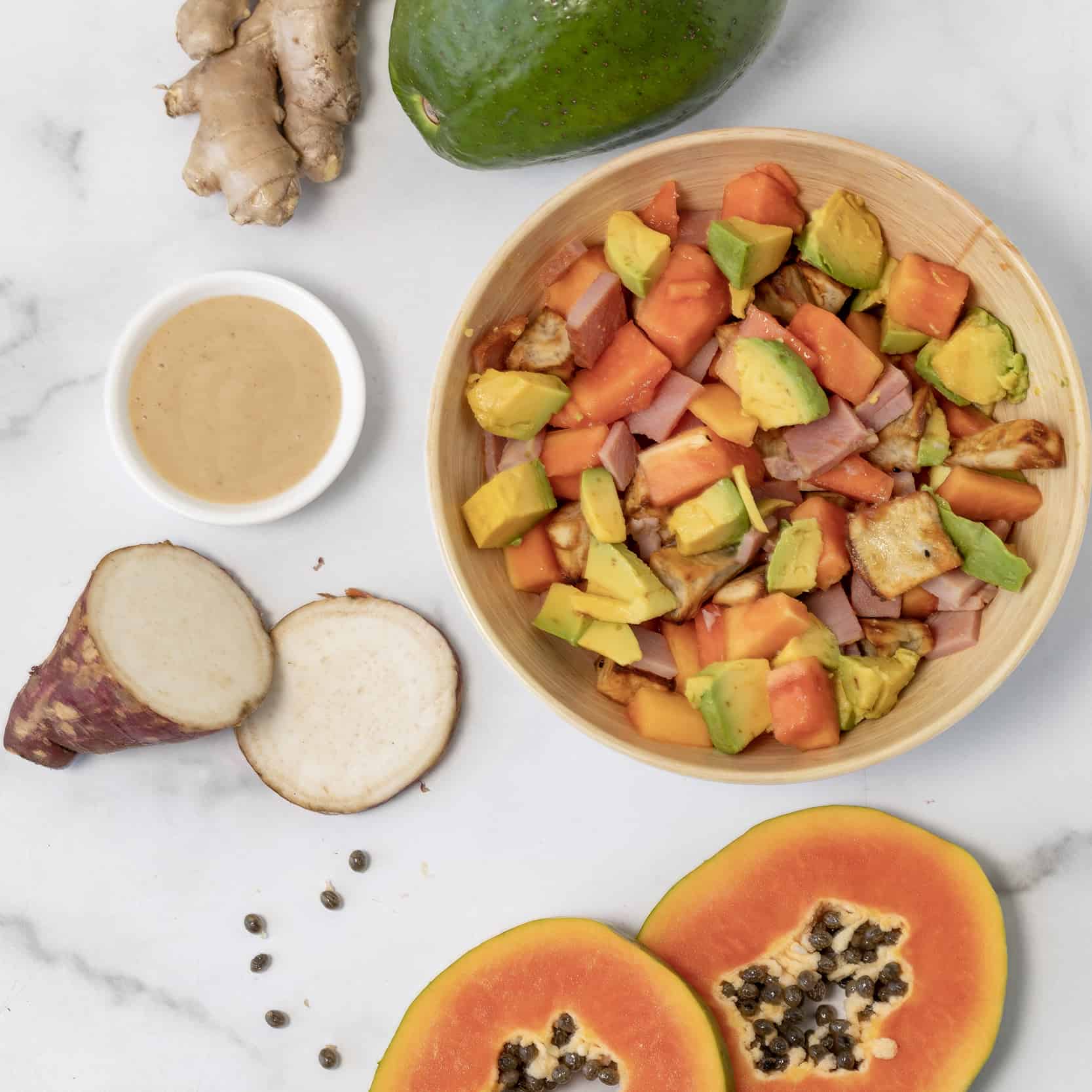 Papaya, Boniato and Ham Salad with Ginger Dressing