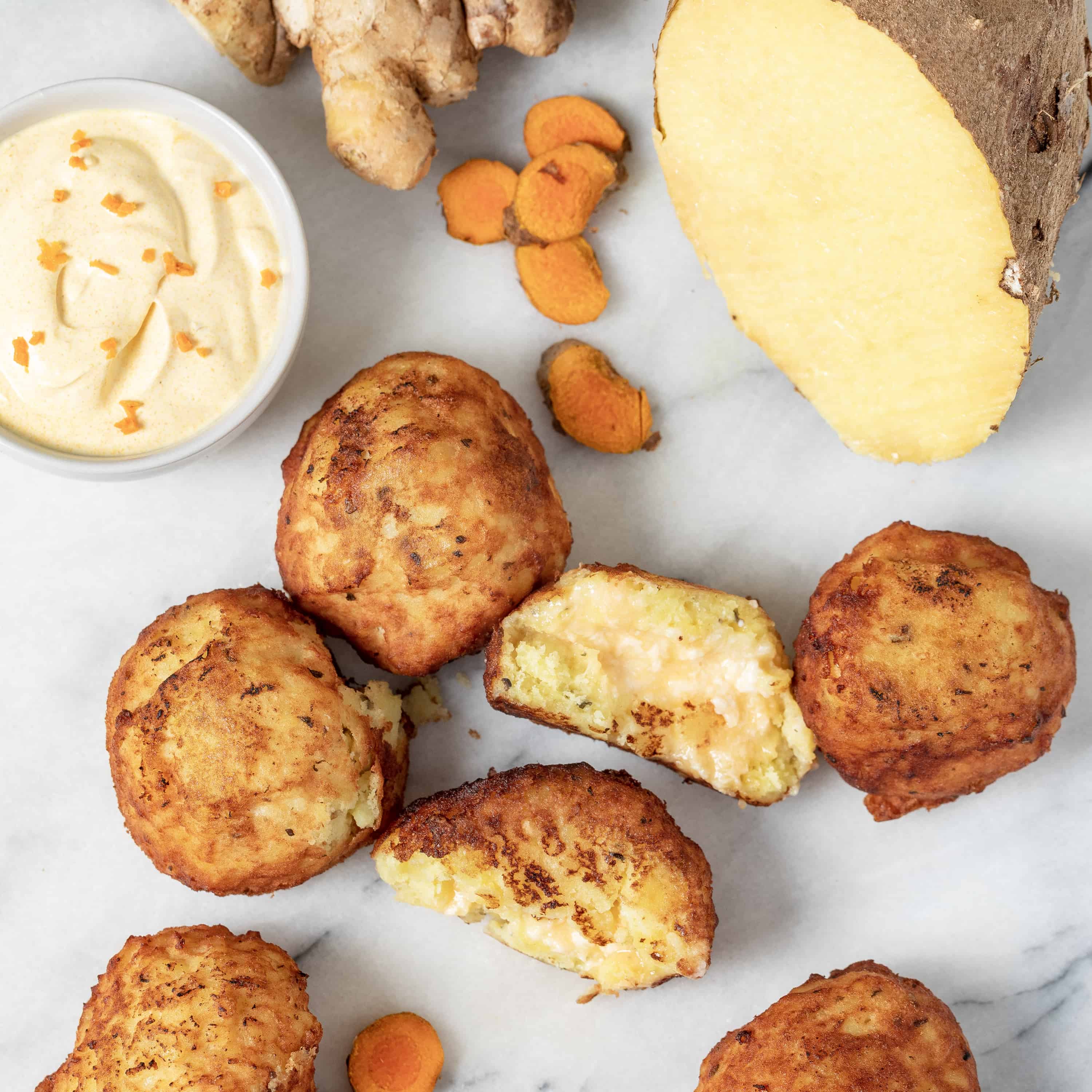 Cheese Stuffed Yellow Yams with Turmeric Mayo